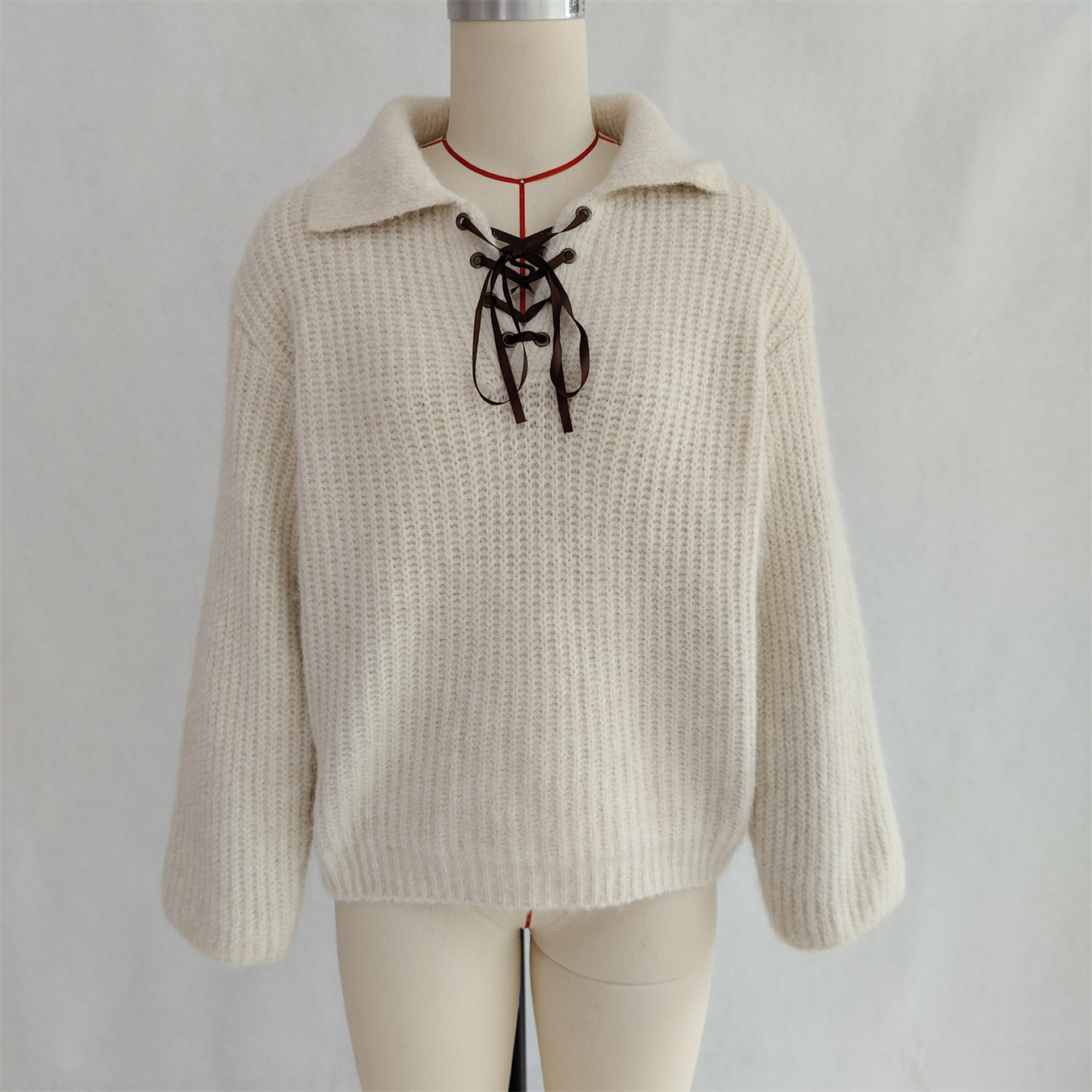 Simple Commute Lapel Tied Knitted Pullover Solid Color Loose Sweater
