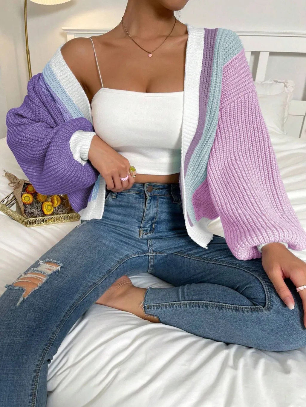 Women's Patchwork Design Fashion Loose Cardigan - Purple
