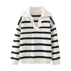Autumn And Winter New Women's Clothing Loose Temperament Idle Style Striped Knitted Sweater - Black And White Stripes - View 1