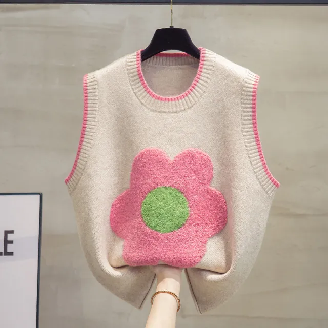 Spring Autumn Outerwear Lace up Towel Embroidery Flower Knitted Vest Apricot - Shop at LoveMi