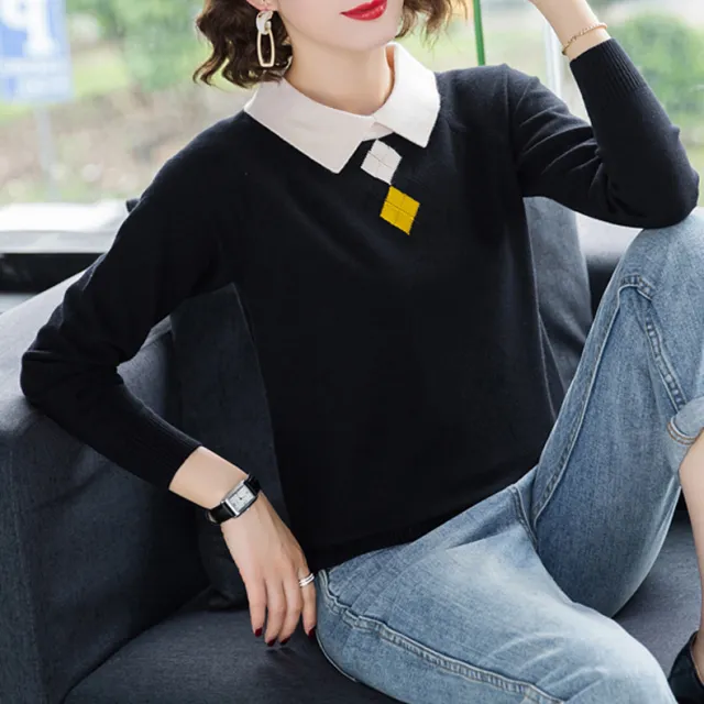 Autumn Winter Assorted Colors Lapel Knitwear Women Black - Shop at LoveMi