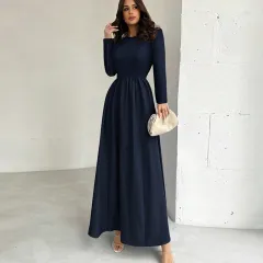 Elegant Long Sleeve Waist Cinching A Line Dress - Navy Blue - View 1