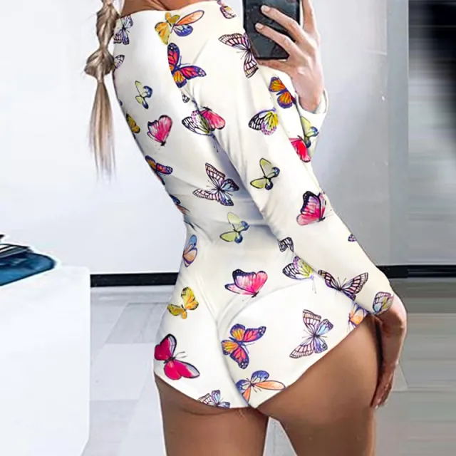 Printed Long sleeved Pajamas Deep V Nightclub Tight Sexy Jumpsuit 004Style Xl - Shop at LoveMi