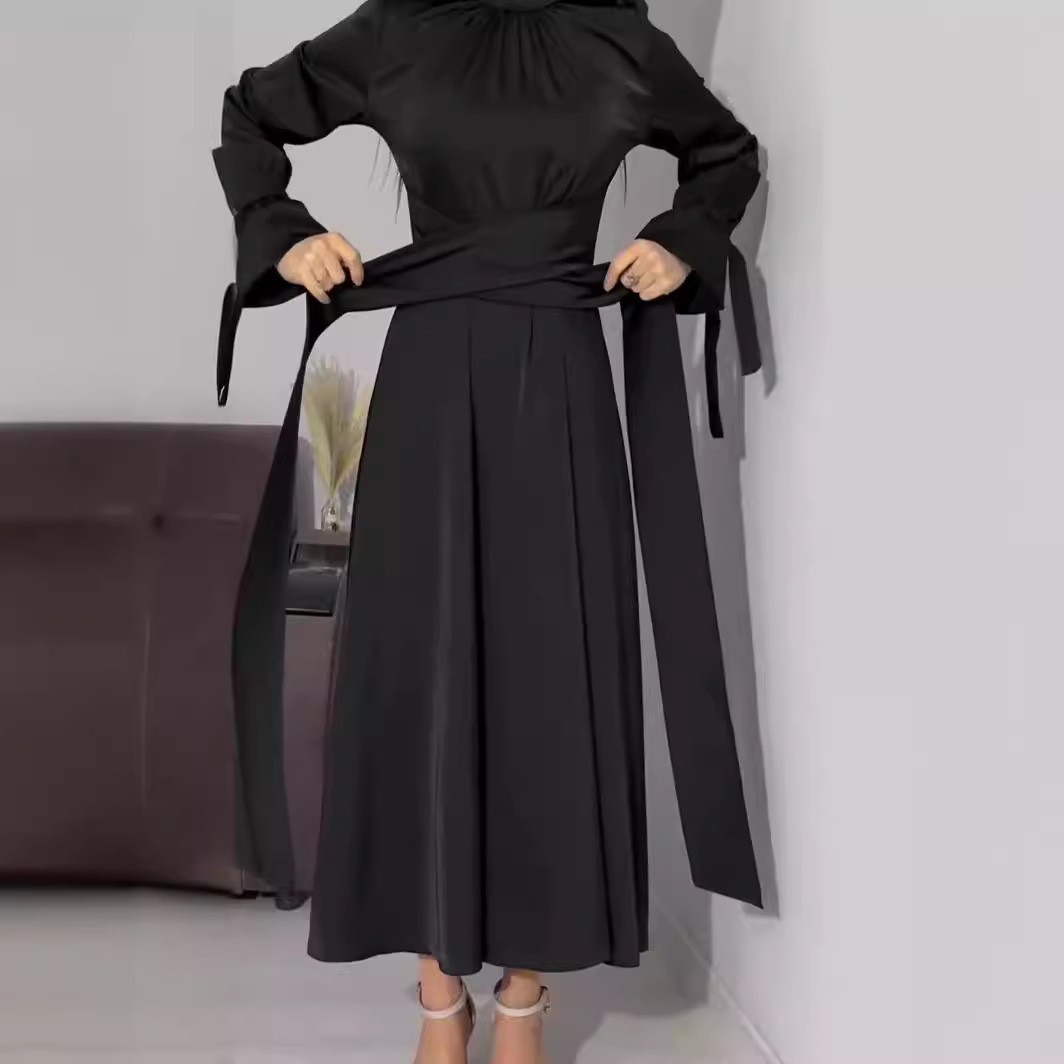 New Drawstring Slim-fit Graceful Puff Sleeve Solid Color Long Sleeve Dress Women