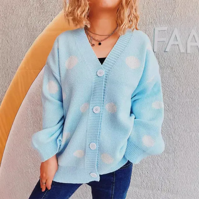 Big Dot Jacquard Knitted Cardigan V neck Coat Women Blue - Shop at LoveMi