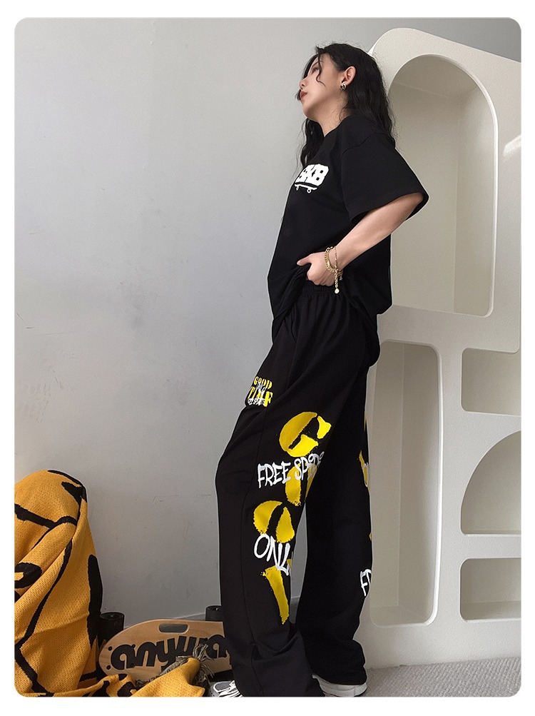 Title 9, New Yellow Letter Black Womens Loose Casual Wi...