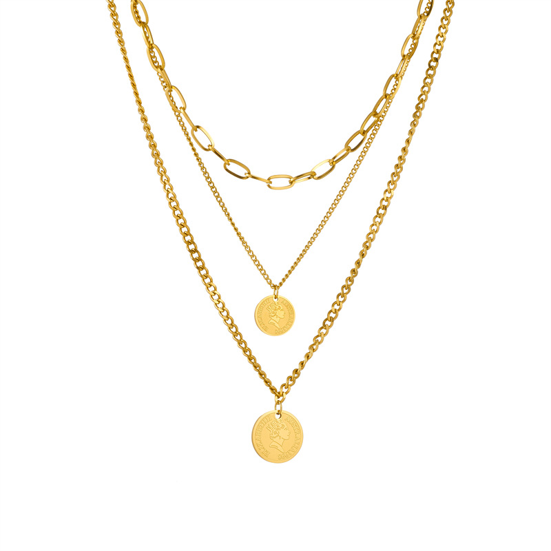 Multi-layer Twin Metal Coin Round Plate Pendant Necklace