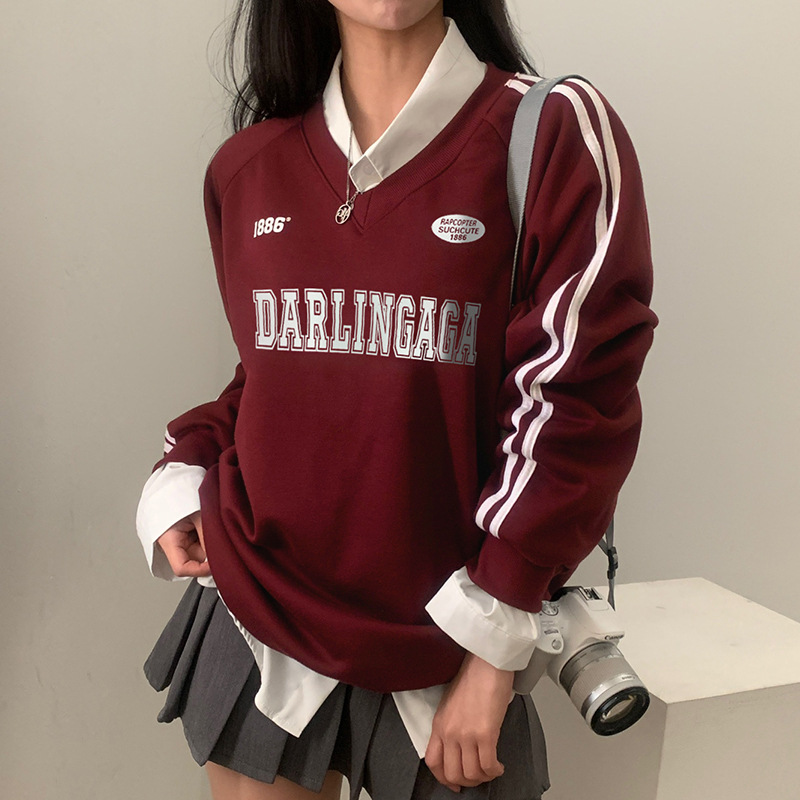 Women's Loose Casual Letter Printed Parallel Bars Contrast Color Coat