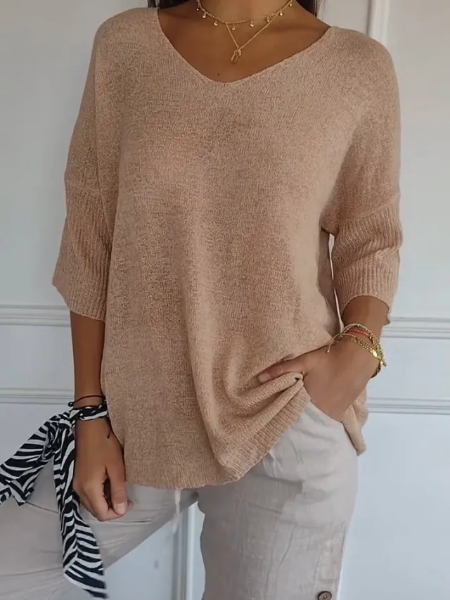 Solid Long Sleeve Sweater Slimming V neckline Knitwear Women's Bottoming Shirt 2058 Beige - Shop at LoveMi