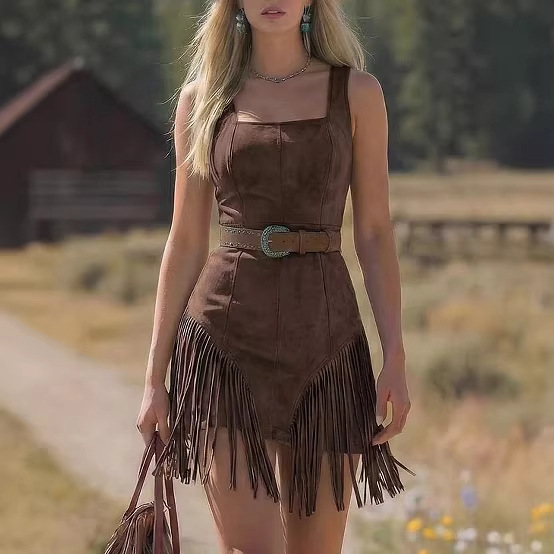 Cowboy Style Suede Fringe Slim-fit Long Sleeve Dress thumbnail 2
