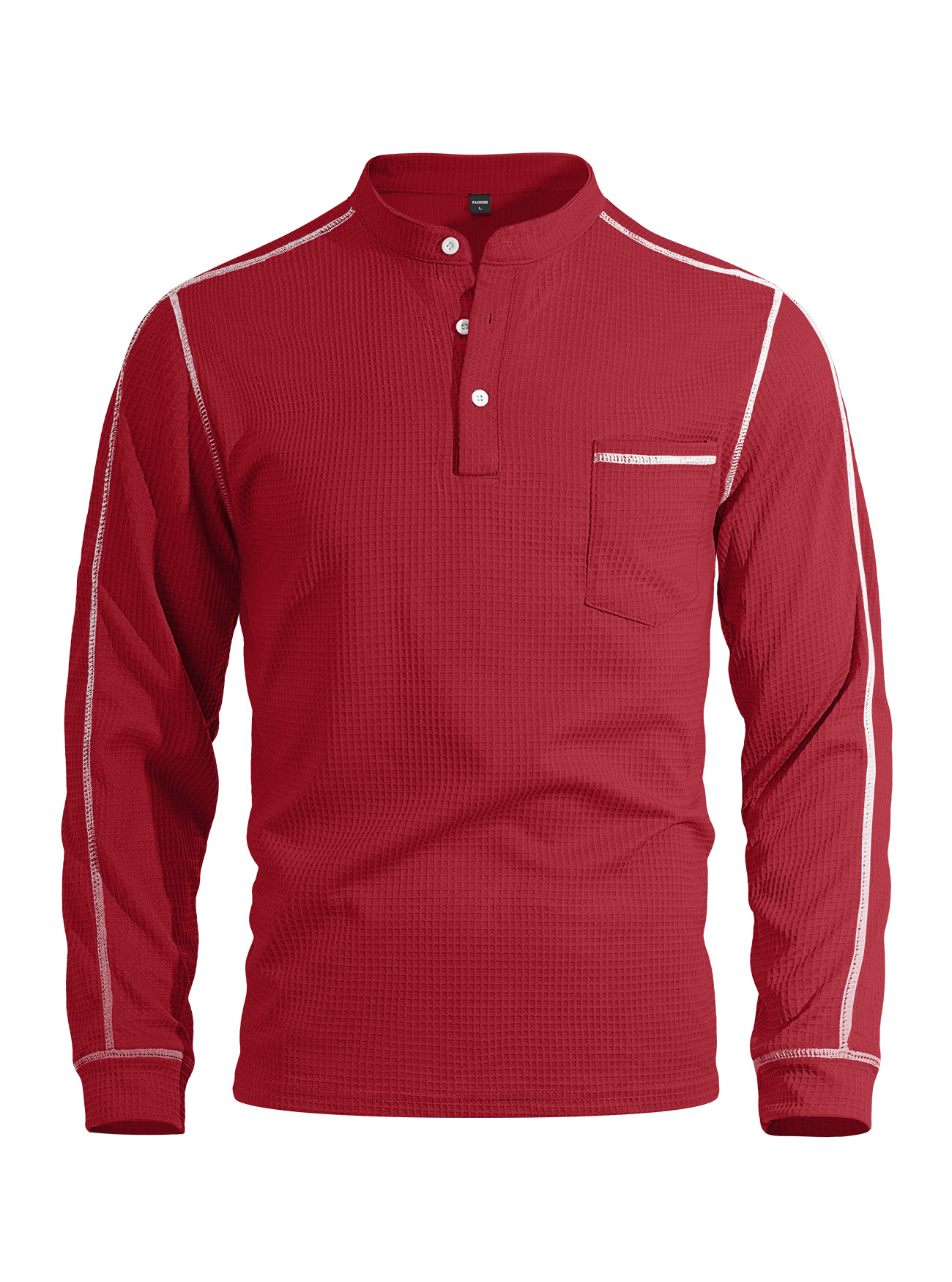 Mens Waffle-Texture Henley-Neck Long-Sleeve Polo Shirt