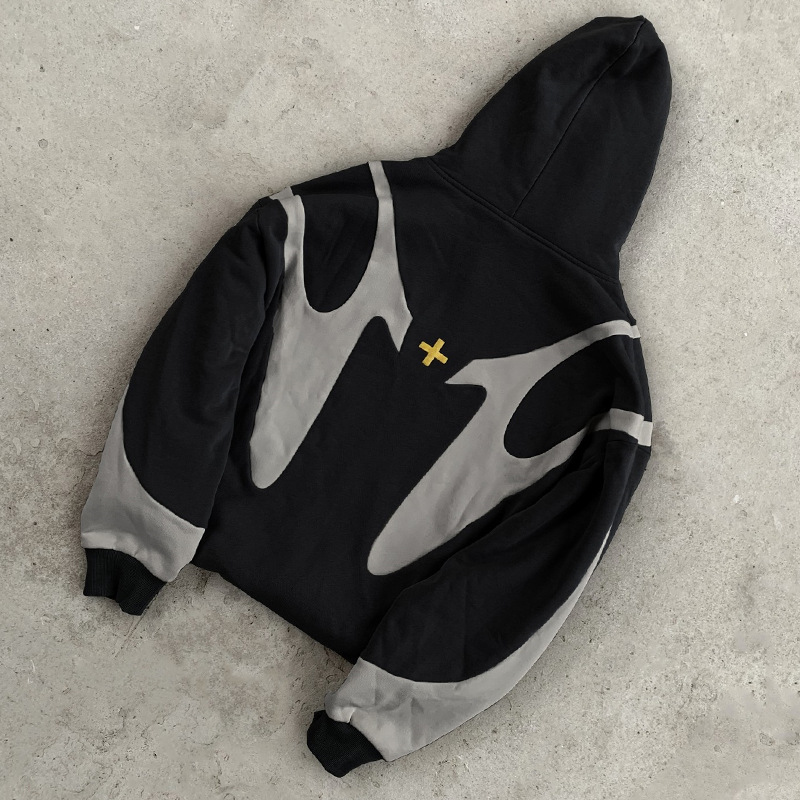 Pattern Stitching Trendy Hooded Cardigan Zipper Sweater