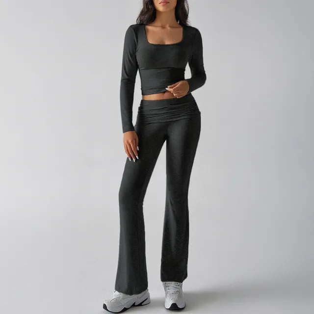 Casual Knitted Long sleeved Top Yoga Top Pants Dark Gray - Shop at LoveMi