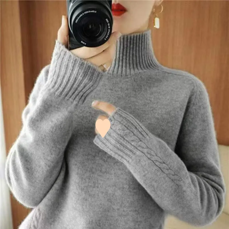 Autumn And Winter New Trendy Semi-high Collar Sweater Women's Solid Colour Knitted Bottoming Shirt - Grey