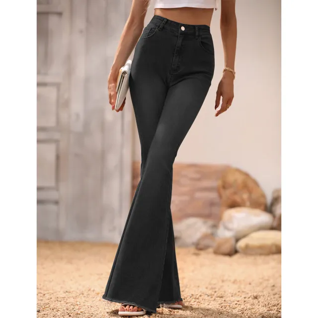 Women's Clothing Slightly Flared Jeans Black Rough Edges Horseshoe Pants Black - Shop at LoveMi