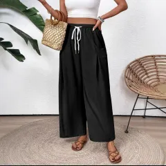 Drawstring Pocket Wide Leg Women's Casual Pants Women's Pants - Black - View 1