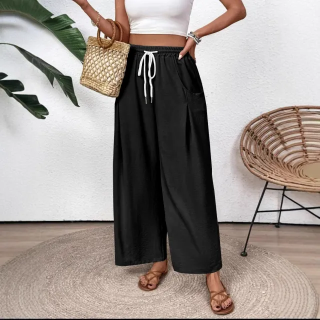 Drawstring Pocket Wide Leg Women's Casual Pants Women's Pants Black - Shop at LoveMi