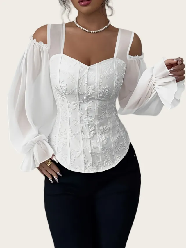 Elegant Off Shoulder Floral Jacquard Blouse For Women White - Shop at LoveMi