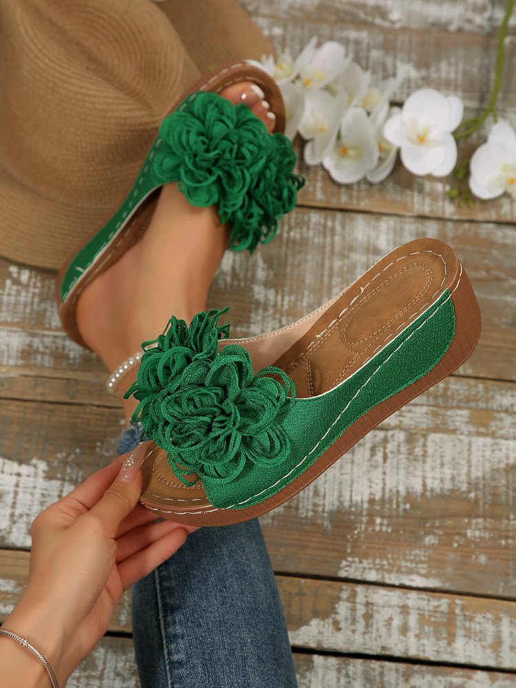 Plus-size Summer Wedge Mule Sandals With A Fish-mouth Toe Ankle Strap And Floral Design For Outdoor Wear