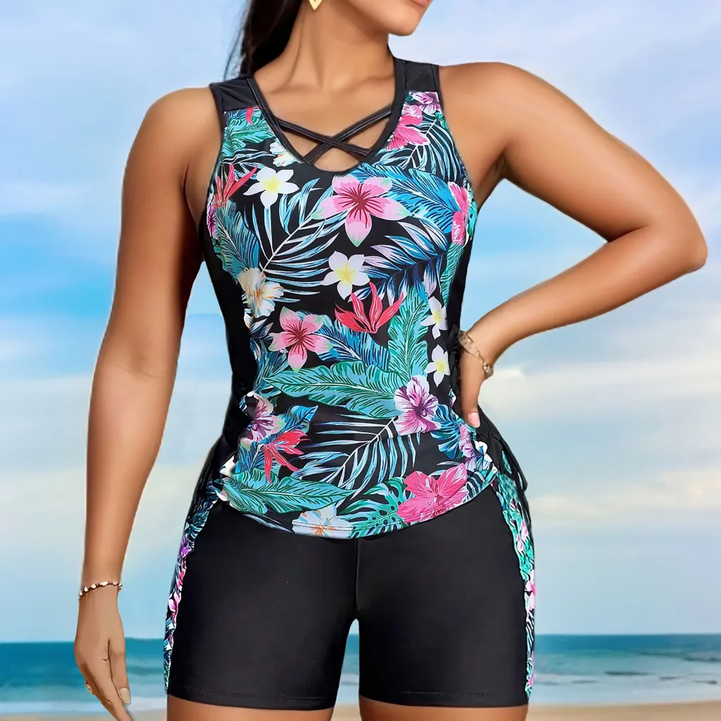 Split Swimsuit Bikini Plus Size Printed Split Swimsuit - Black