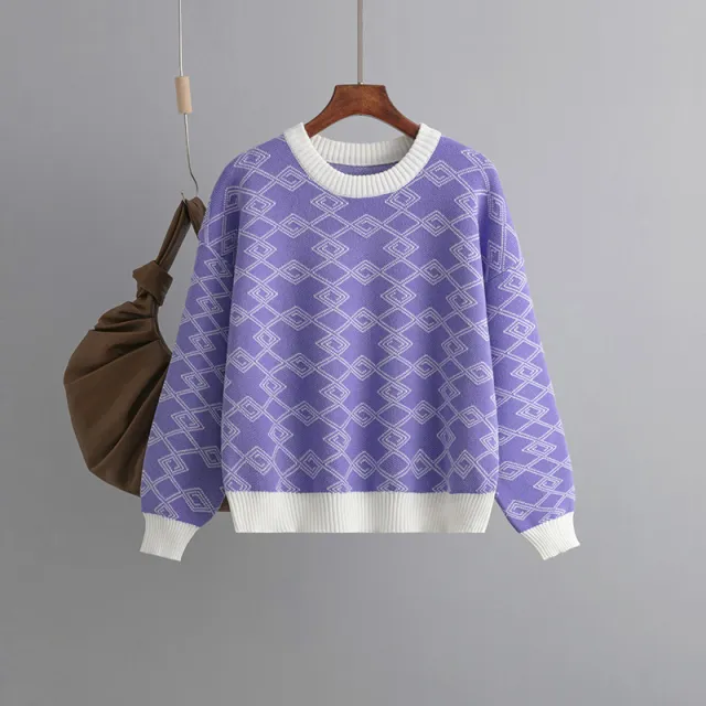 Jacquard Long sleeved Sweater Loose Round Neck Western Style Purple - Shop at LoveMi