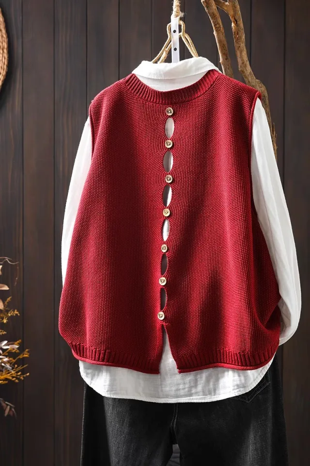 Back Buttoned Cotton Thread Knitted Vest Women Red - Shop at LoveMi