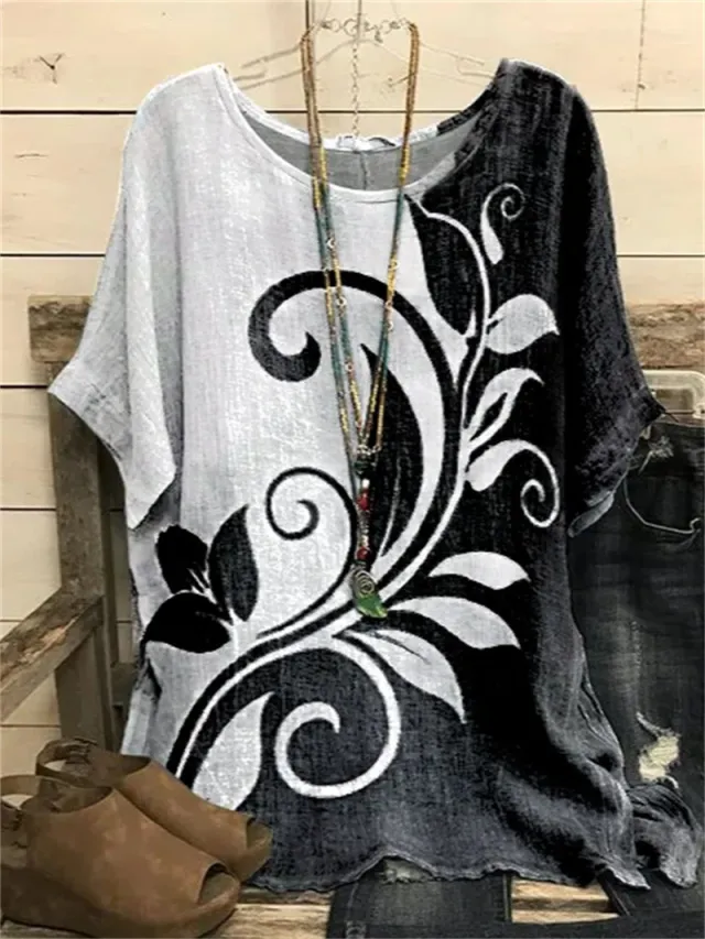 Pattern Printed Loose Short Sleeve Round Neck Shirt Ht07 - Shop at LoveMi