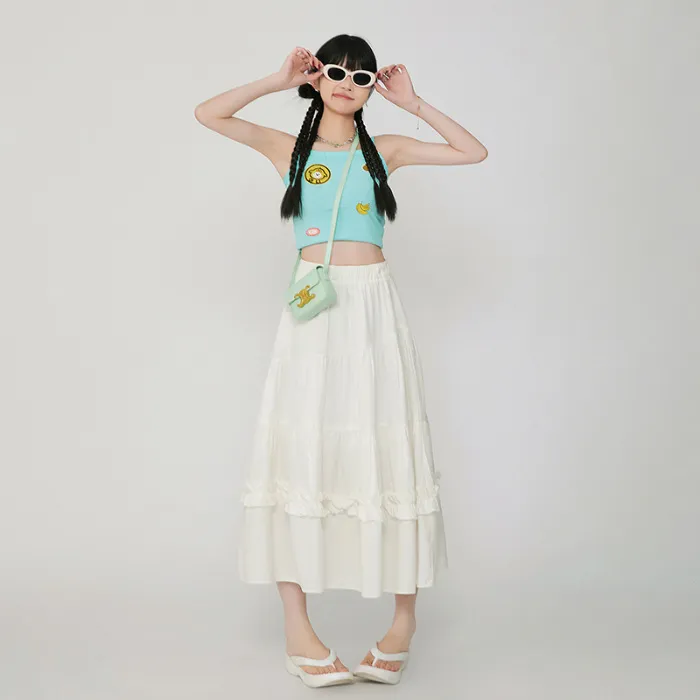 Vintage Cake A- Line Skirt Draping Casual Long Skirt - White