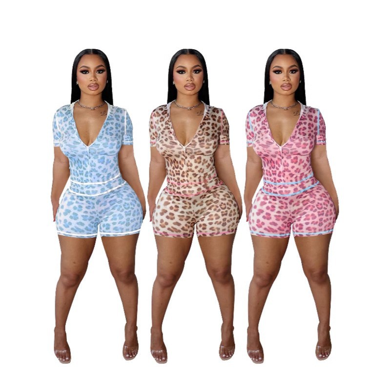 D10125 Spring And Summer Leopard Zipper Hooded Printed Two-piece Suit