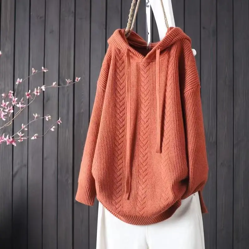 Solid Color Hooded Lacing Mid-length Knitwear Sweater - Orange