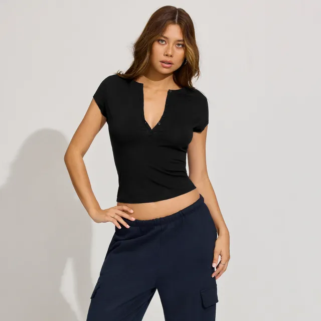 Solid Color Slim fit Deep V Button Versatile Top Black - Shop at LoveMi