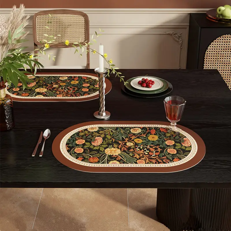 Retro Flower Waterproof Easy To Clean Oval Western-style Placemat