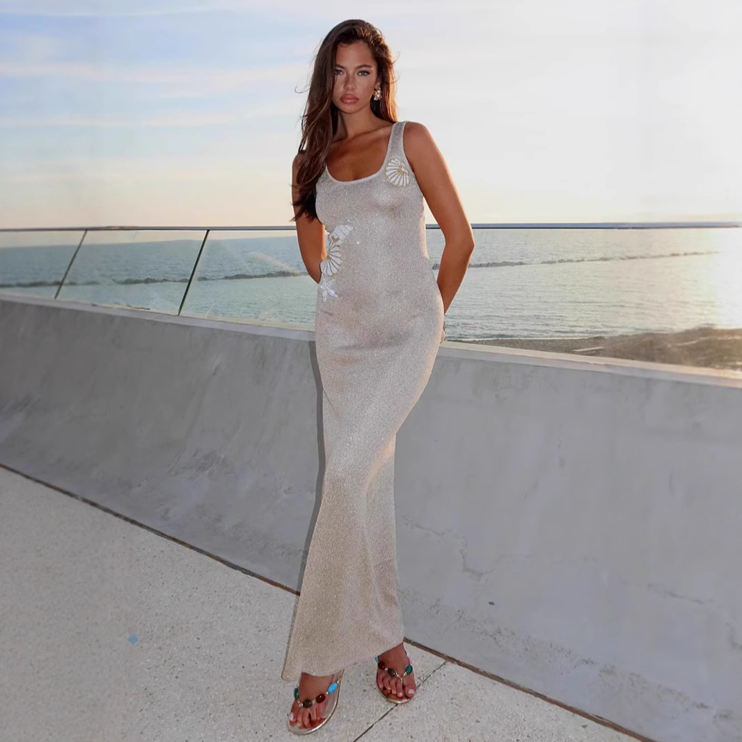 Hip wrapped Round Neck Dress Knitted Vacation Style Beach Skirt Apricot Beige - Shop at LoveMi