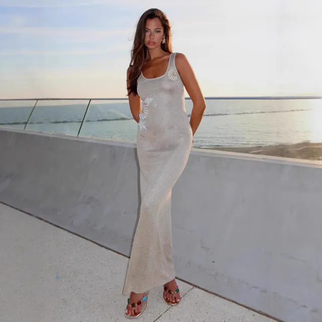 Hip wrapped Round Neck Dress Knitted Vacation Style Beach Skirt Apricot - Shop at LoveMi