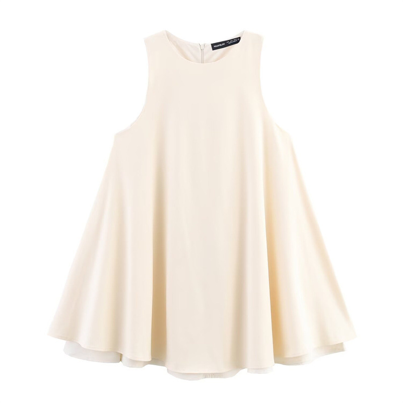 Fashionable Temperament Wide Swing Round Neck Sleeveless Short Version Dress Beige - Shop at LoveMi