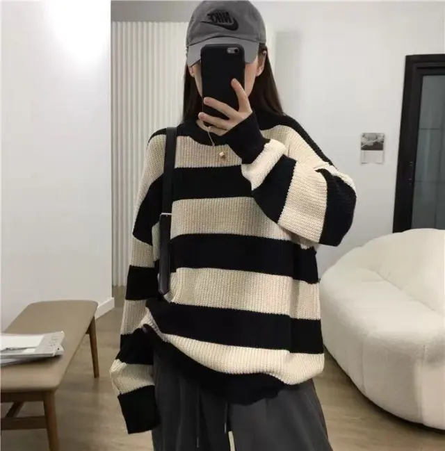 Early Autumn Loose And Lazy Style Striped Sweater For Women Black And Apricot - Shop at LoveMi