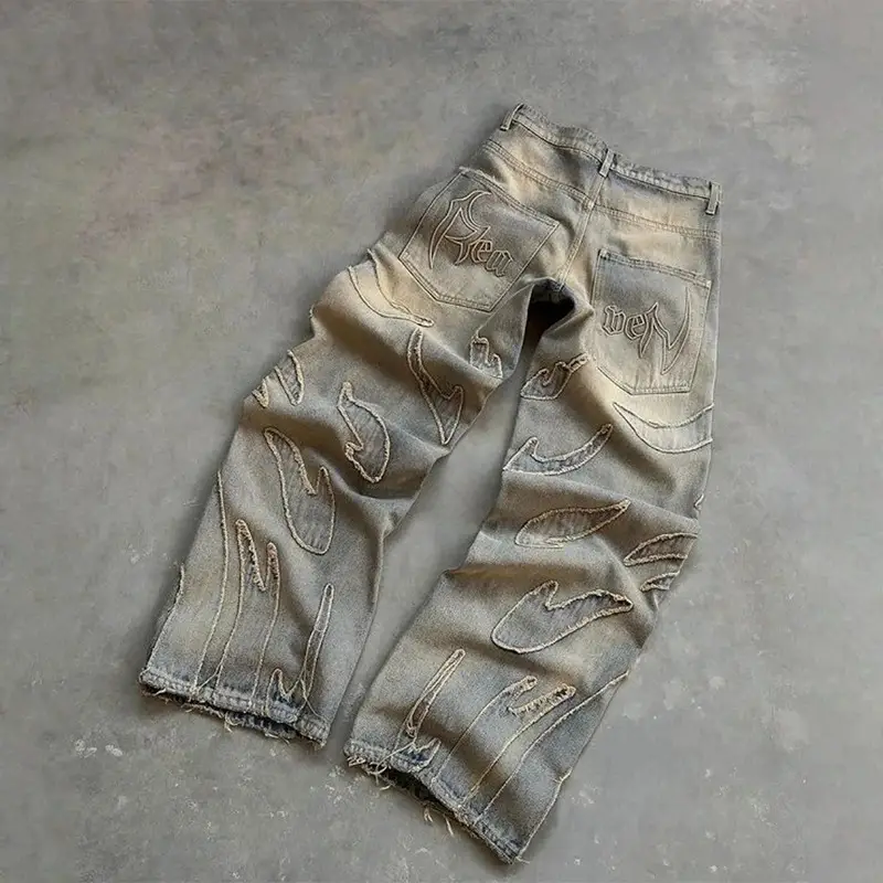 Retro Bat Pattern Lazy Embroidered Loose Jeans