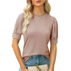 Summer Round Neck Hole Hollow-out Button Short-sleeved Casual Top - Cameo Red - View 1