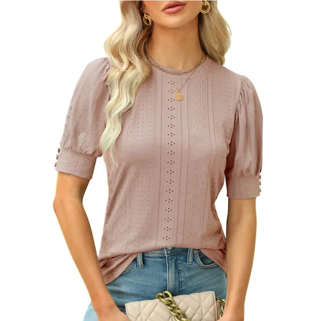 Summer Round Neck Hole Hollow out Button Short sleeved Casual Top Red - Shop at LoveMi