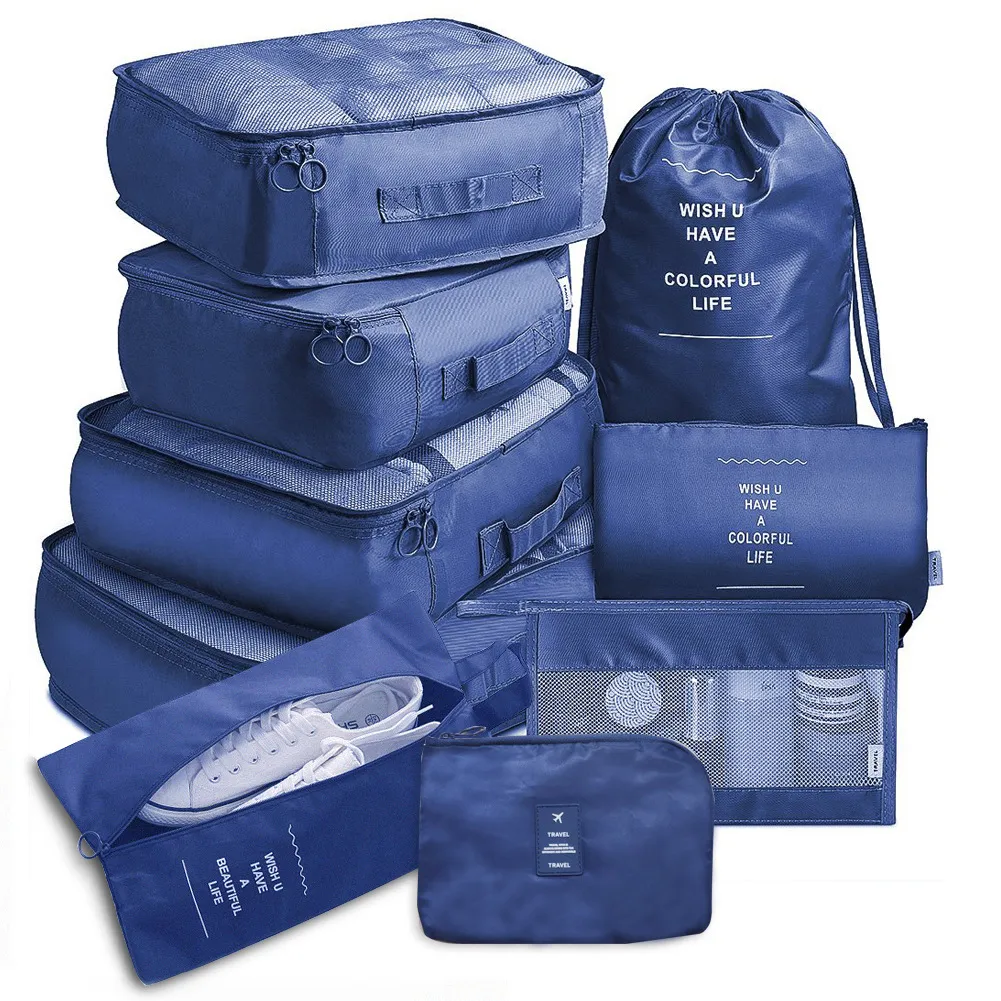 Thickened Twill Travel Buggy Bag Nine-piece Set - Navy Blue