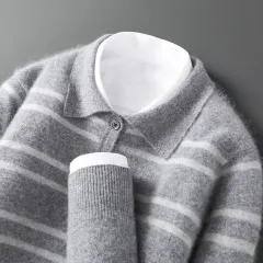 Lapel Pure Wool Sweater Striped Colour Matching Half Button Pullover Long Sleeve Loose-fitting Underwear Sweater - Grey - View 1