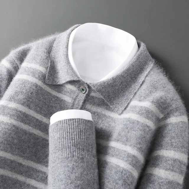 Lapel Pure Wool Sweater Striped Color Matching Half Button Pullover Long Sleeve Loose fitting Underwear Sweater Gray - Shop at LoveMi