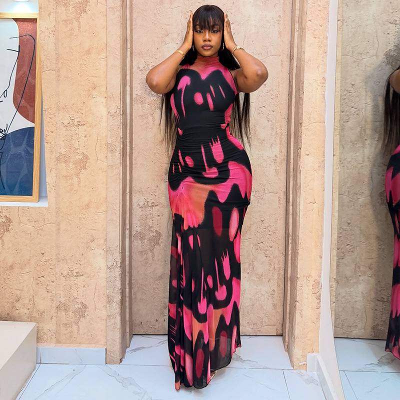 Printed Elegant Body-hugging Color-blocked High-neck Sleeveless Maxi Dress