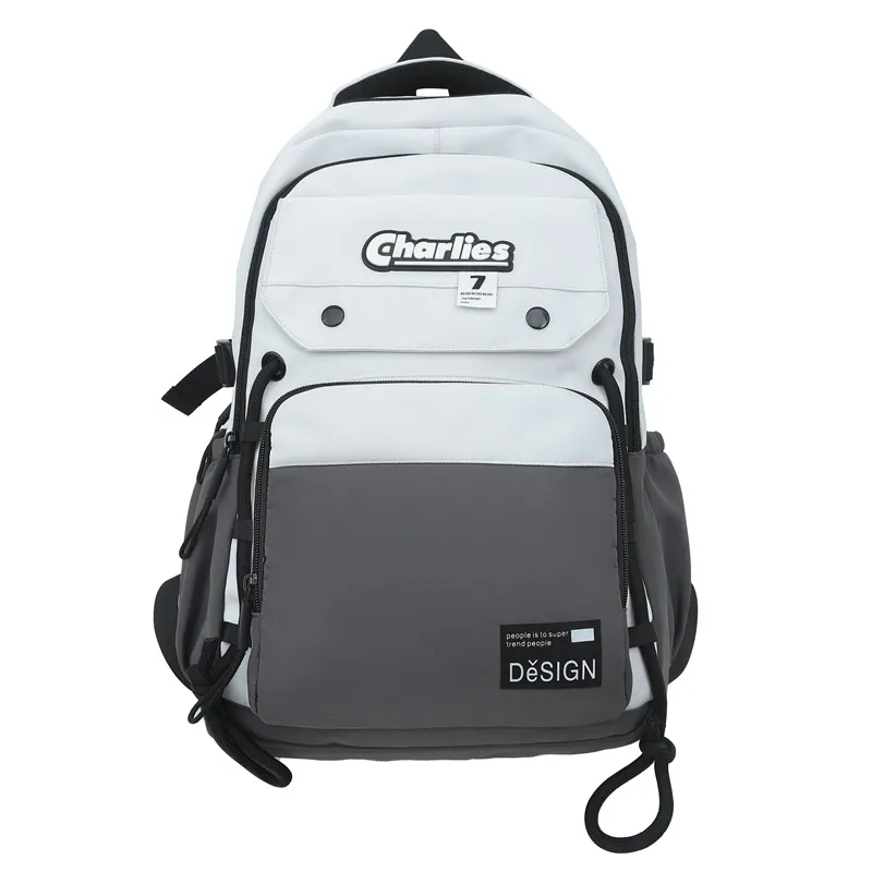 Large Capacity Men's Contrast Color Double Fashion Cool College Student Couple Backpack - Gray