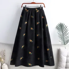 Womens High-Waisted Slimming Corduroy Embroidered Midi Skirt With An Elegant Touch - Black - View 1