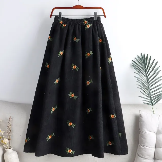 Womens High Waisted Slimming Corduroy Embroidered Midi Skirt With An Elegant Touch Black - Shop at LoveMi