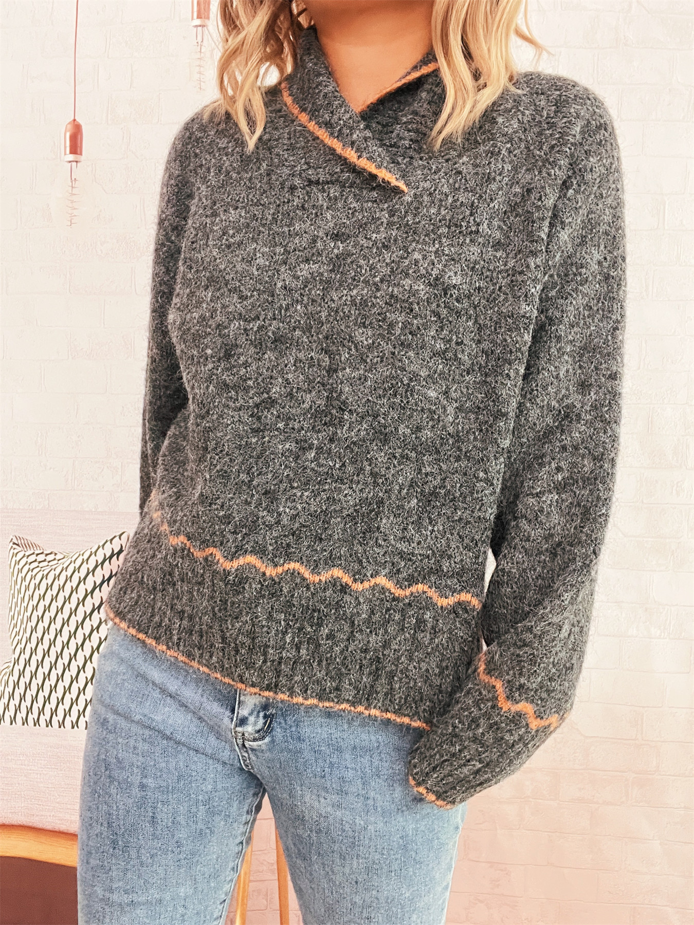 Simple Commute Half Turtleneck Lapel Contrast Color Knitted Pullover Sweater