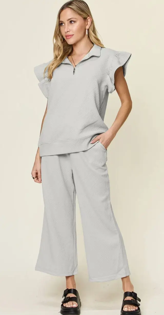 Women's Half Zip Short Sleeve Top Waist Strap Stretch Waist Pocket Shorts Light Gray - Shop at LoveMi