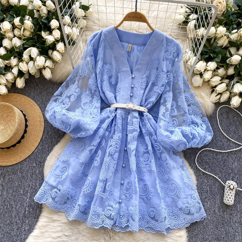 Machine Embroidery Waist Slimming Single-breasted Word Elegant Dress