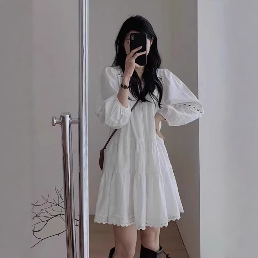 Womens Ethnic-Style Hollowed-Out French-Style Patchwork Long-Sleeve Dress - Image 1